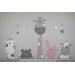Giraf met 4 diertjes - oud roze ballet (sterren/bloemen optioneel) (100x60cm)